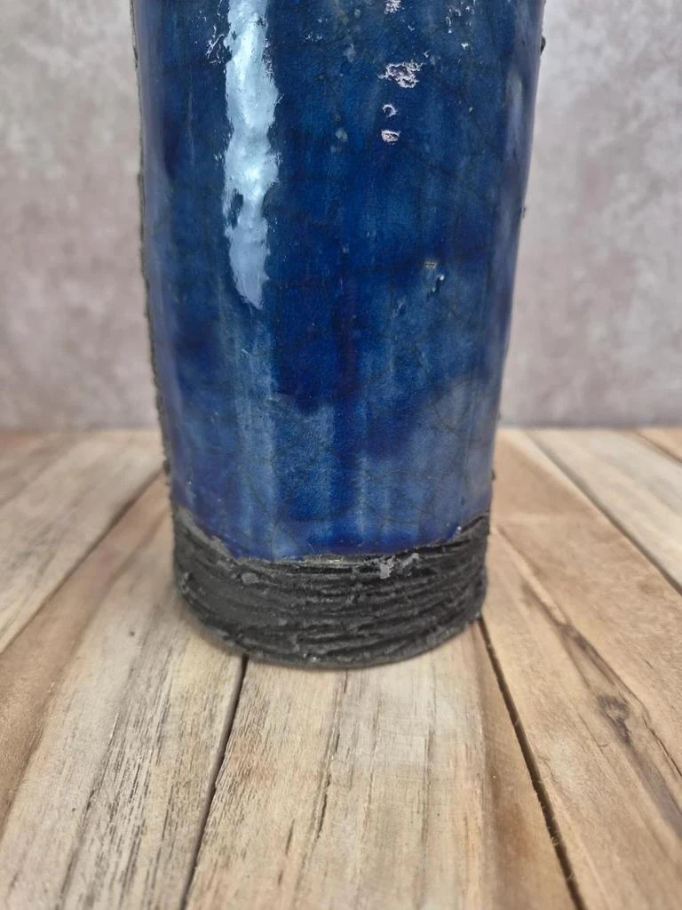 Grande vaso de estúdio estilo raku azul e verde assinado – 30 cm – photo 3
